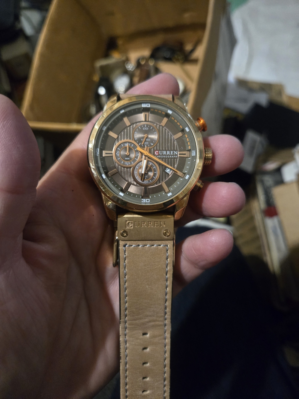 CURREN Men's Gold-Tone Chronograph Watch with Tan Leather Strap